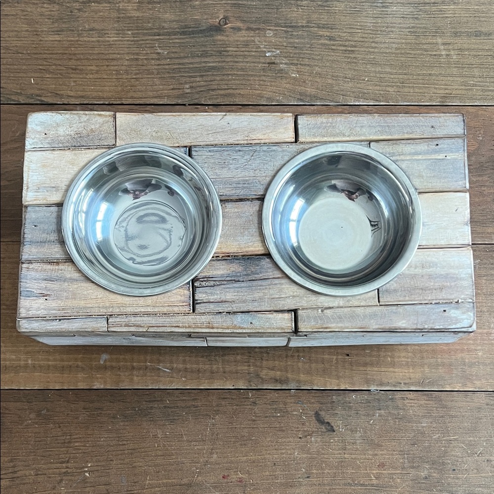Wooden Pet Feeder with Stainless Steel Bowls